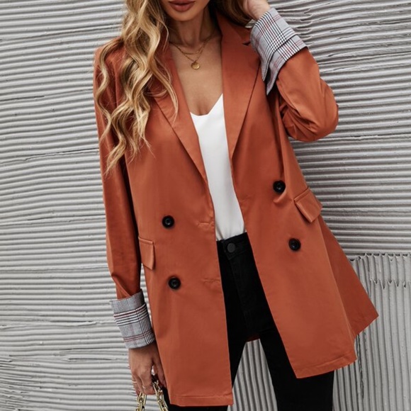 Classic Army Green Plaid Cuff Button Blazer Work - Picture 8 of 10